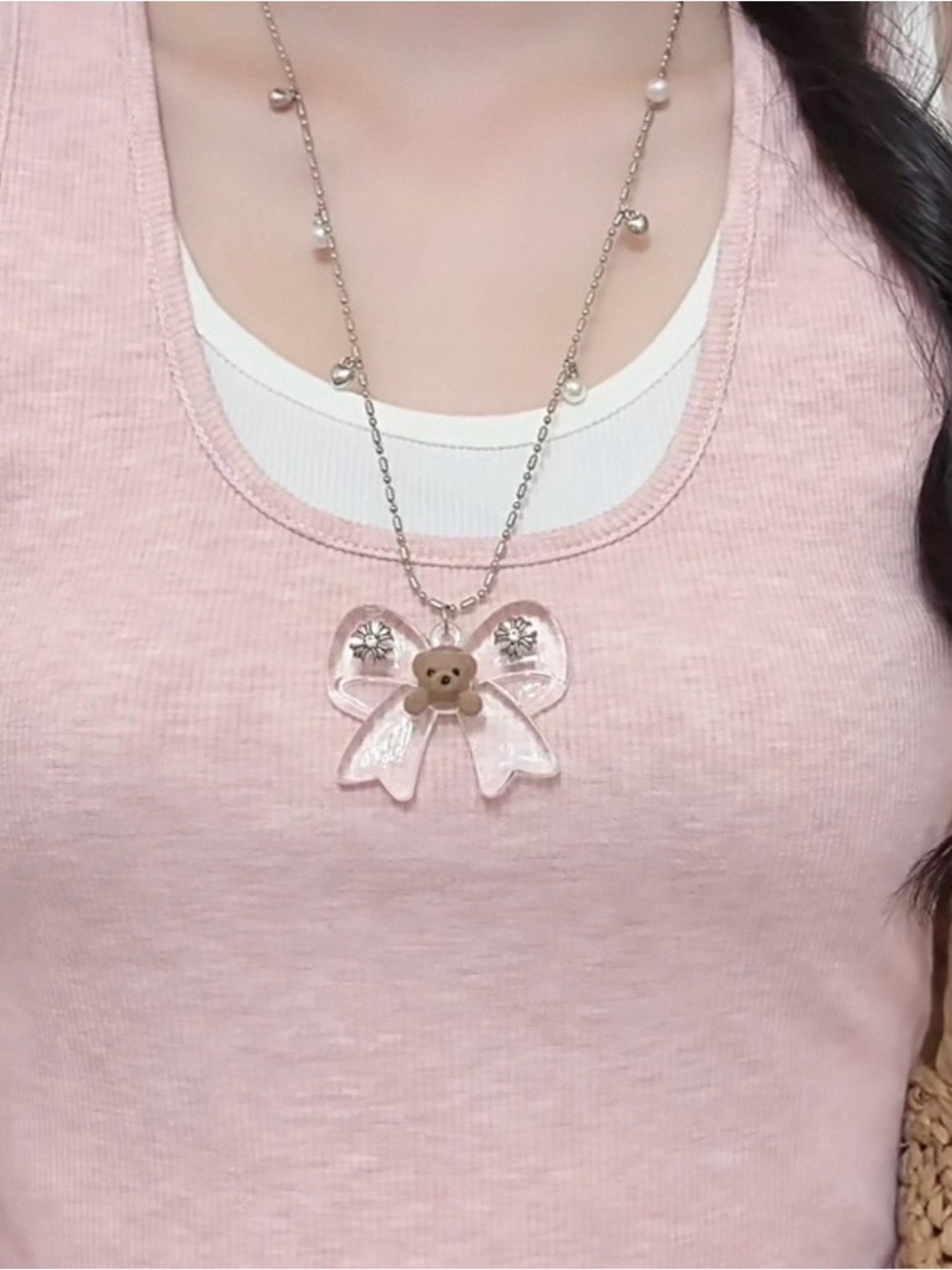 Delicate Pink Bow Pendant Necklace with Bear Accent